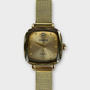 Geneva Gold Tone Watch Diamond Accent Square Case Women's Mesh Bracelet